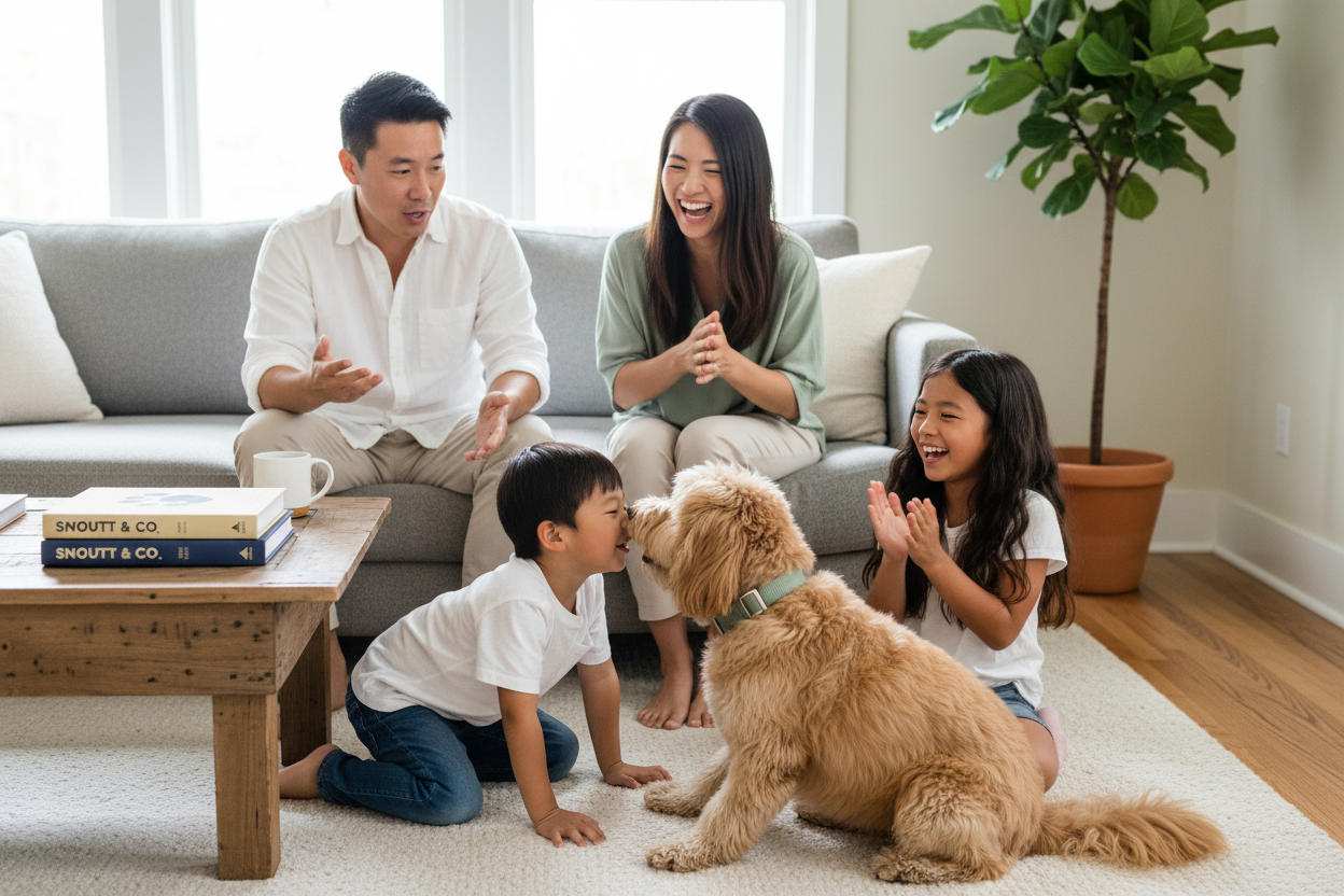 Asian family candid moment with goldendoodle in sage green collar nose to nose with boy and Snoutt & Co book collection