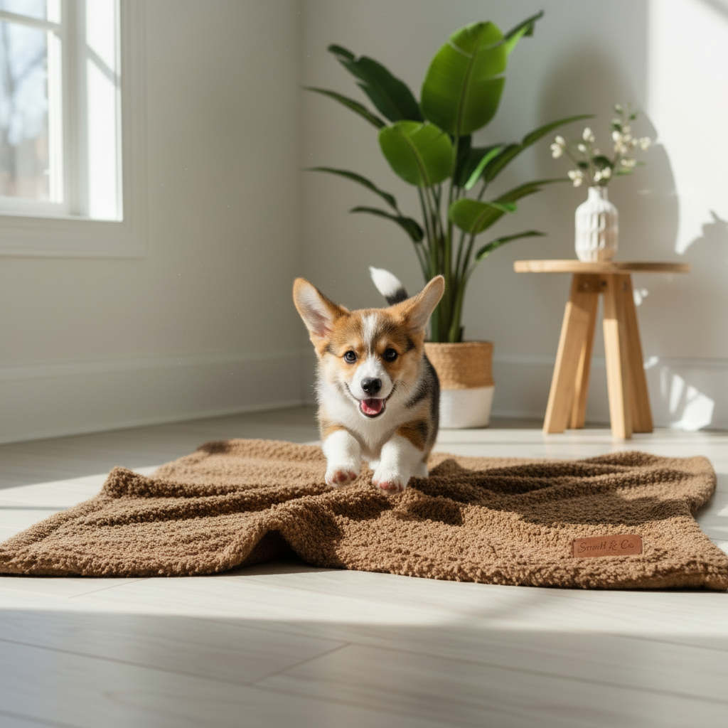 Corgi mid-jump on Coffee Brown Calm Paws Pet Calming Throw with cozy plant background