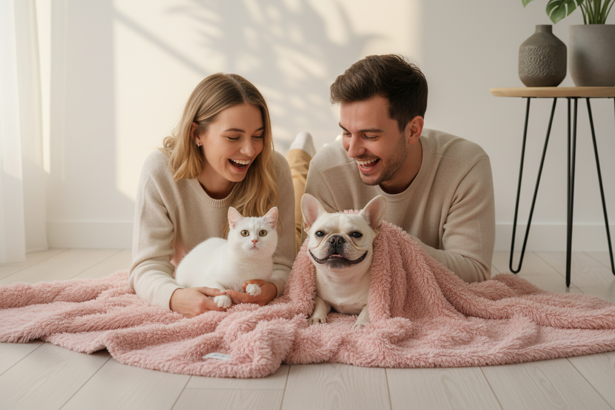 Couple with French bulldog and cat snuggled together in fluffy blush pink shaggy blanket with joyful expressions