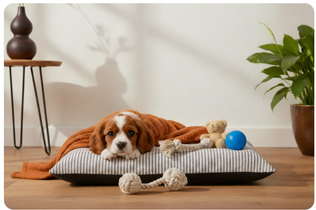 Dog lying on a striped pillow with toys in a home setting