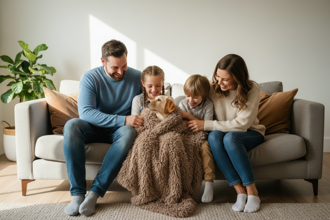 Happy family of four with golden labrador puppy snuggled under a fluffy brown shaggy blanket on a grey sofa