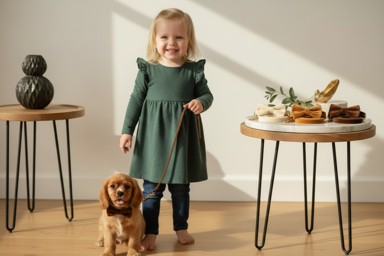 Child in a green dress standing with a dog next to a table with food in a room.