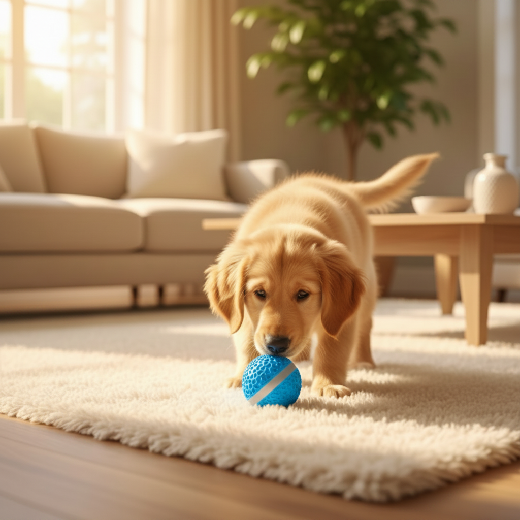 Golden Retriever Puppy with Blue Smart Pet Toy Ball on Cream Rug