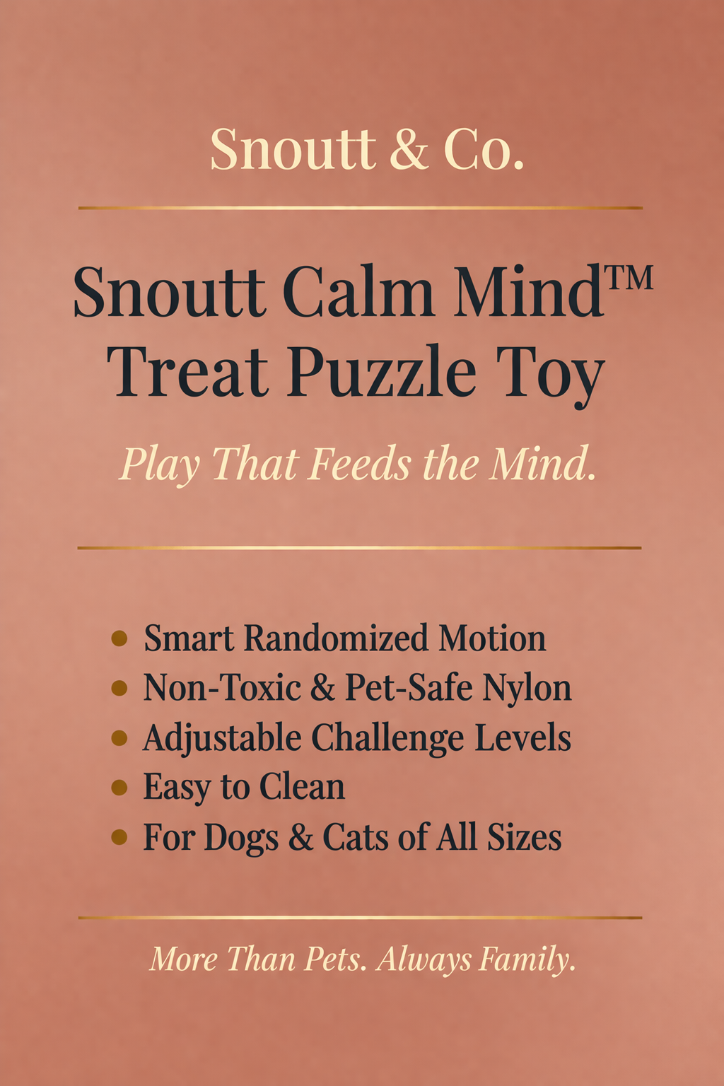 Product packaging for Snoutt Calm Mind Treat Puzzle Toy with branding and features listed.