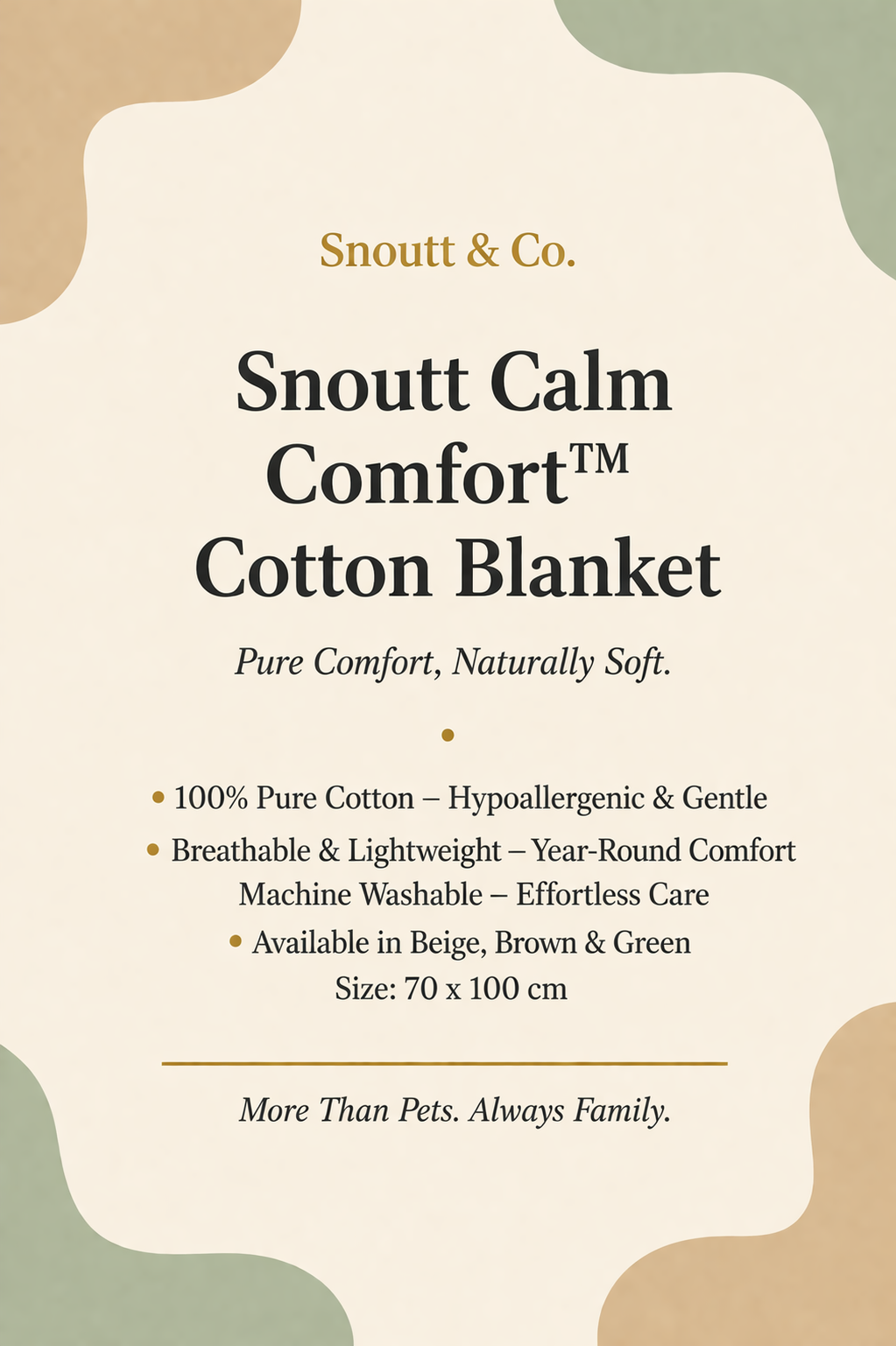 Advertisement for Snoutt Calm Comfort Cotton Blanket with product details on a beige background.