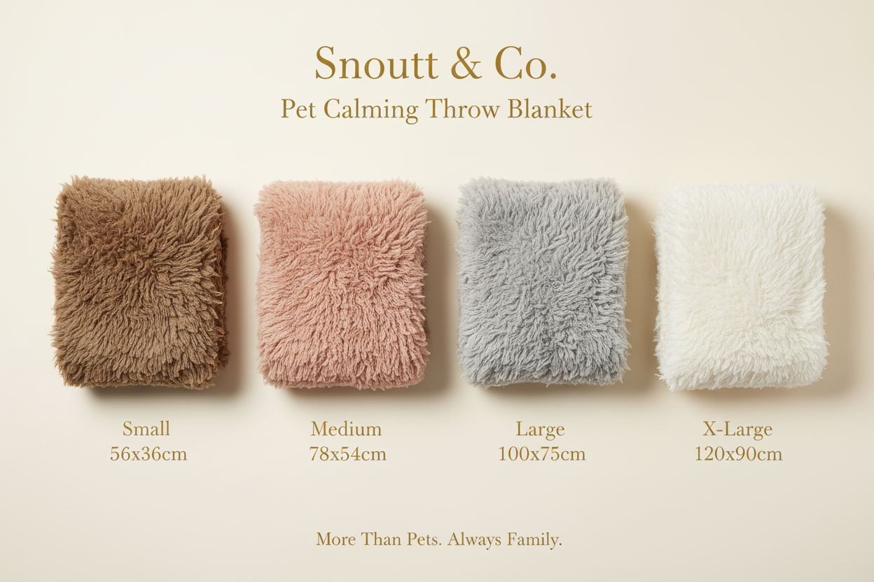 Snoutt & Co. Pet Calming Throw Blanket product description card showing all 4 colors in brown, blush pink, grey, and white with size dimensions