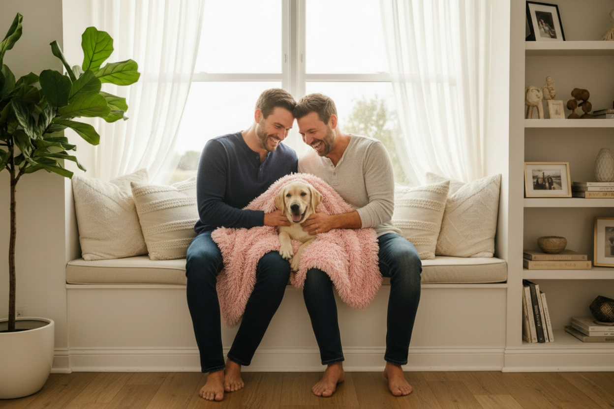 Two men sitting on window bench with labrador puppy wrapped in fluffy blush pink shaggy blanket
