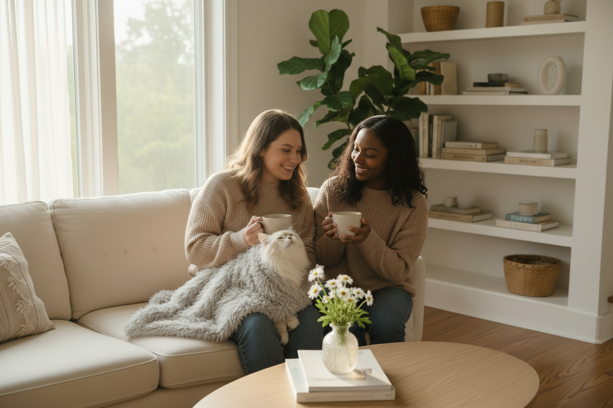 Two women on cream sofa with white Persian cat wrapped in light grey shaggy blanket and Snoutt & Co. coffee table book on table