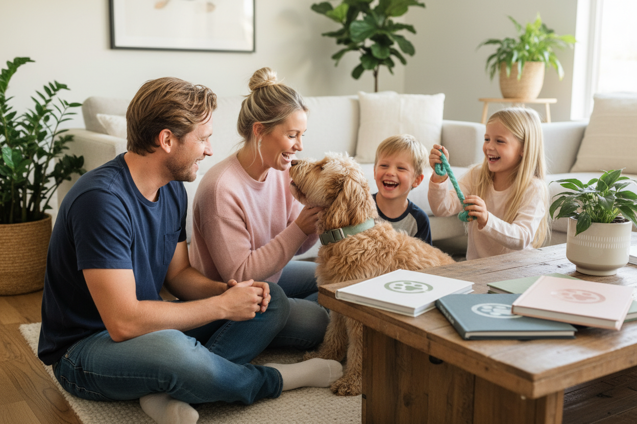 White family candid moment with goldendoodle in sage green collar licking boy's face and Snoutt & Co book collection