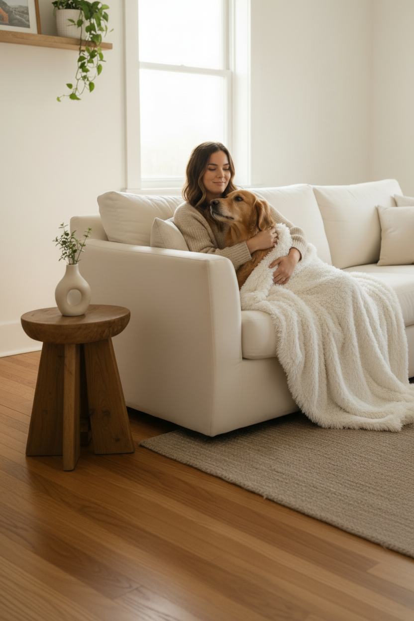Woman cuddling golden labrador on white sofa under a fluffy white shaggy blanket in a warm minimal living room