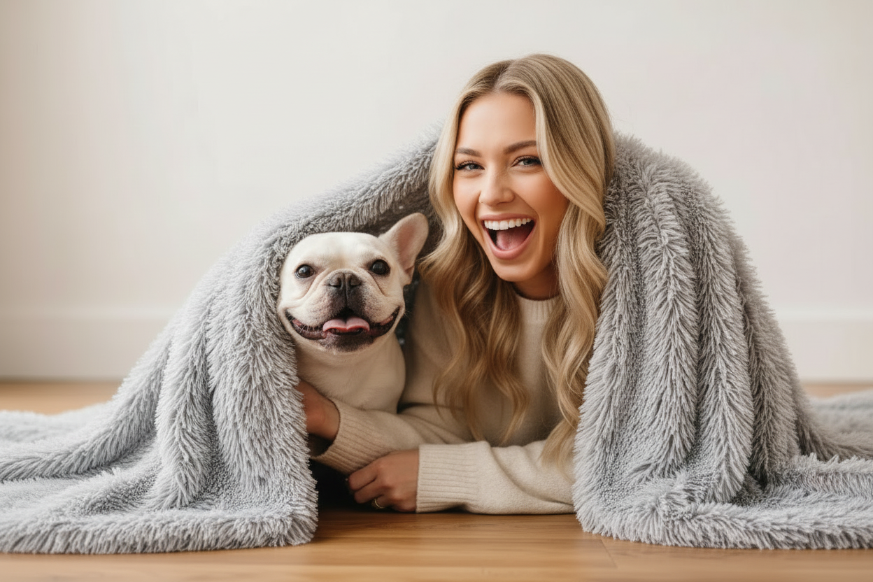 Blonde woman and French bulldog snuggled together in fluffy silver-grey shaggy blanket with joyful expressions
