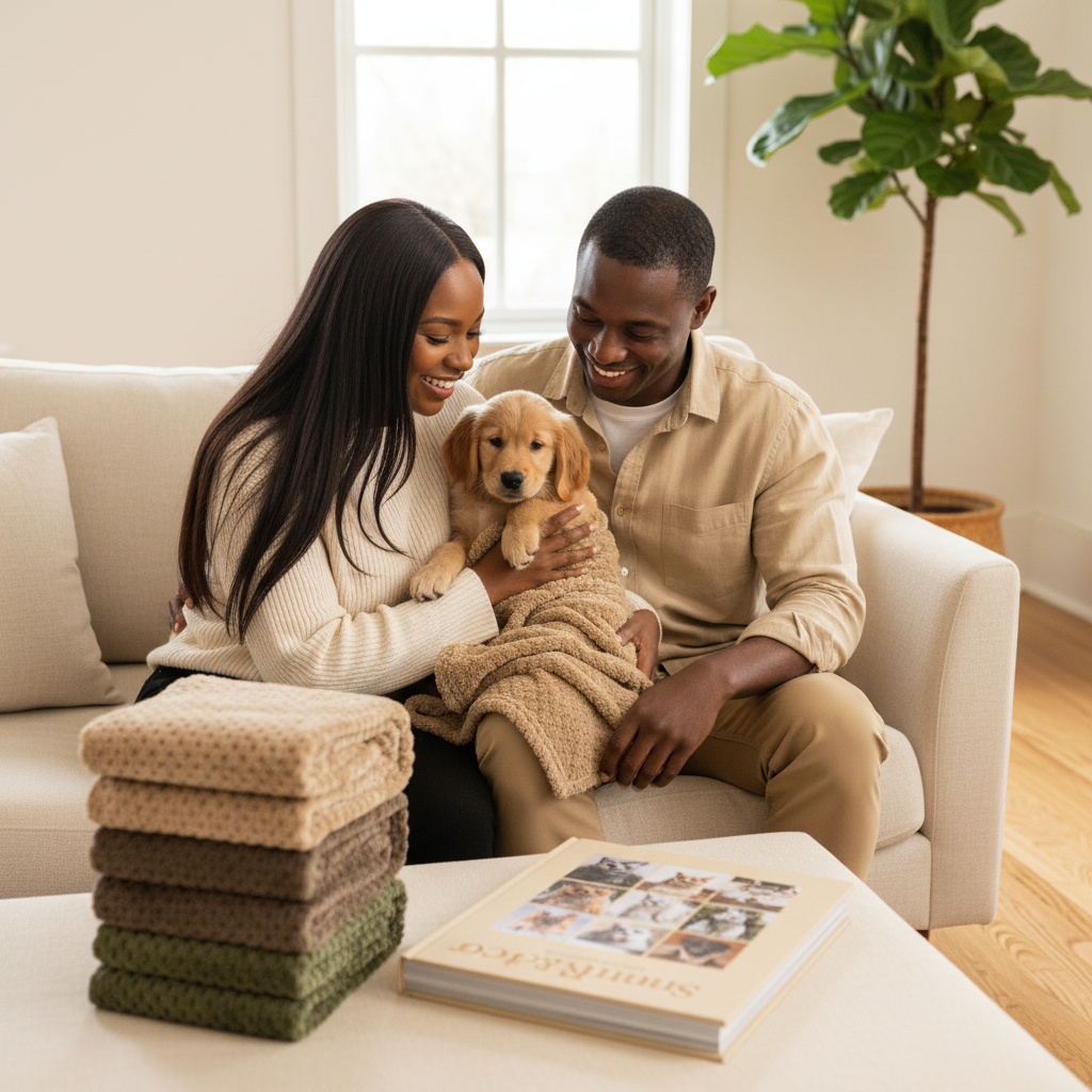 African American couple with woman with long straight hair holding puppy in beige blanket