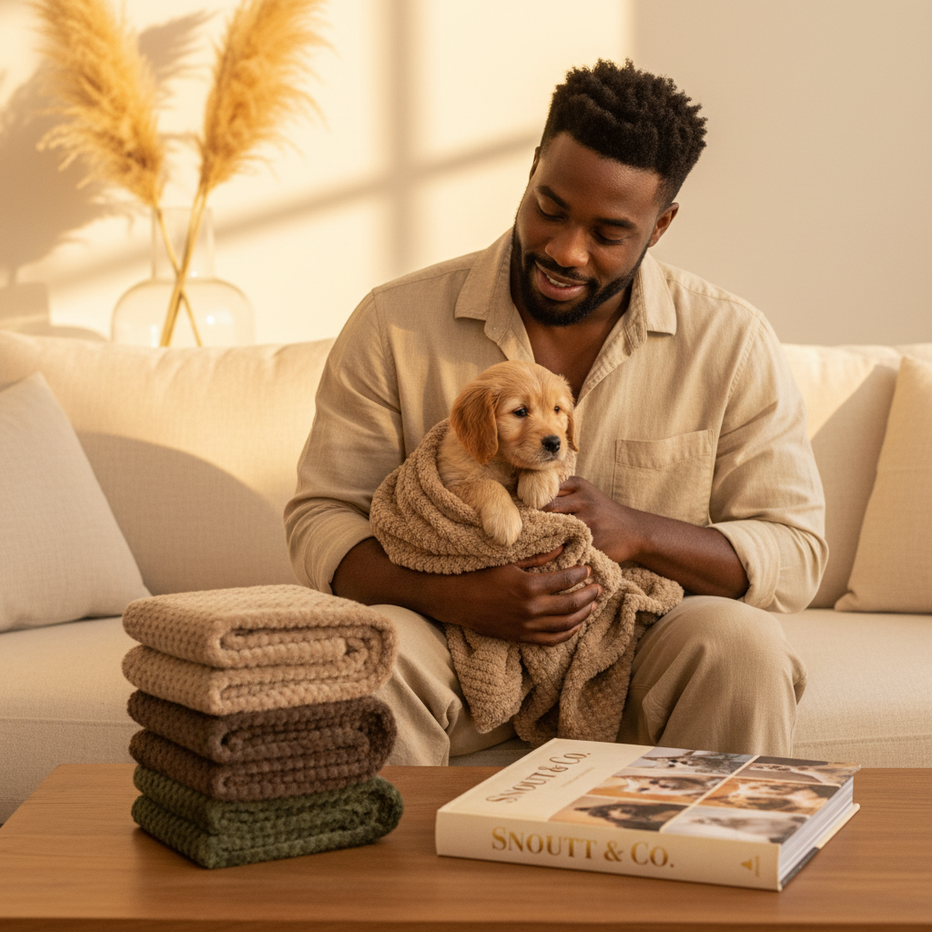 African American man with puppy in beige blanket