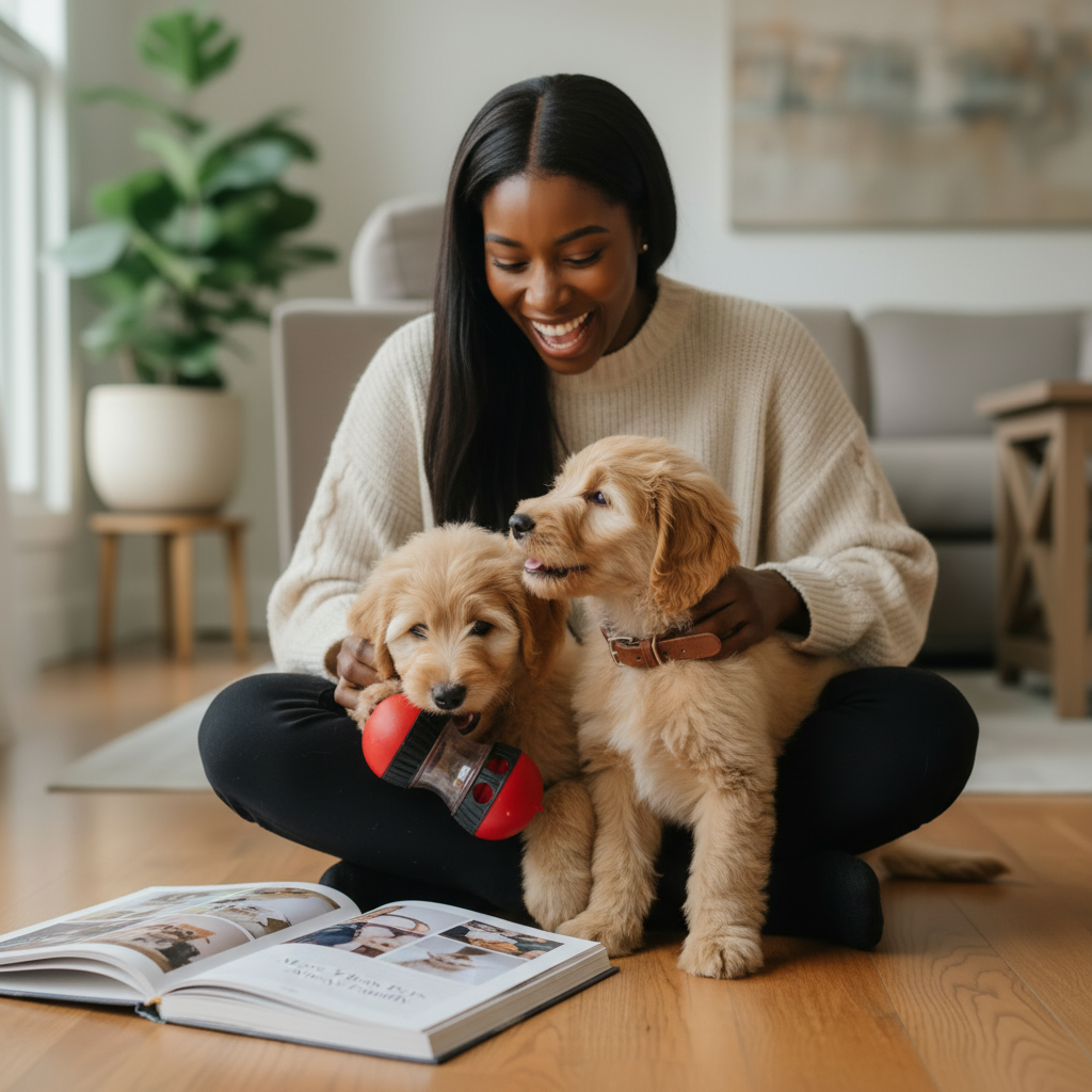 African American woman with long straight hair laughing with two golden doodle puppies and Snoutt Co book