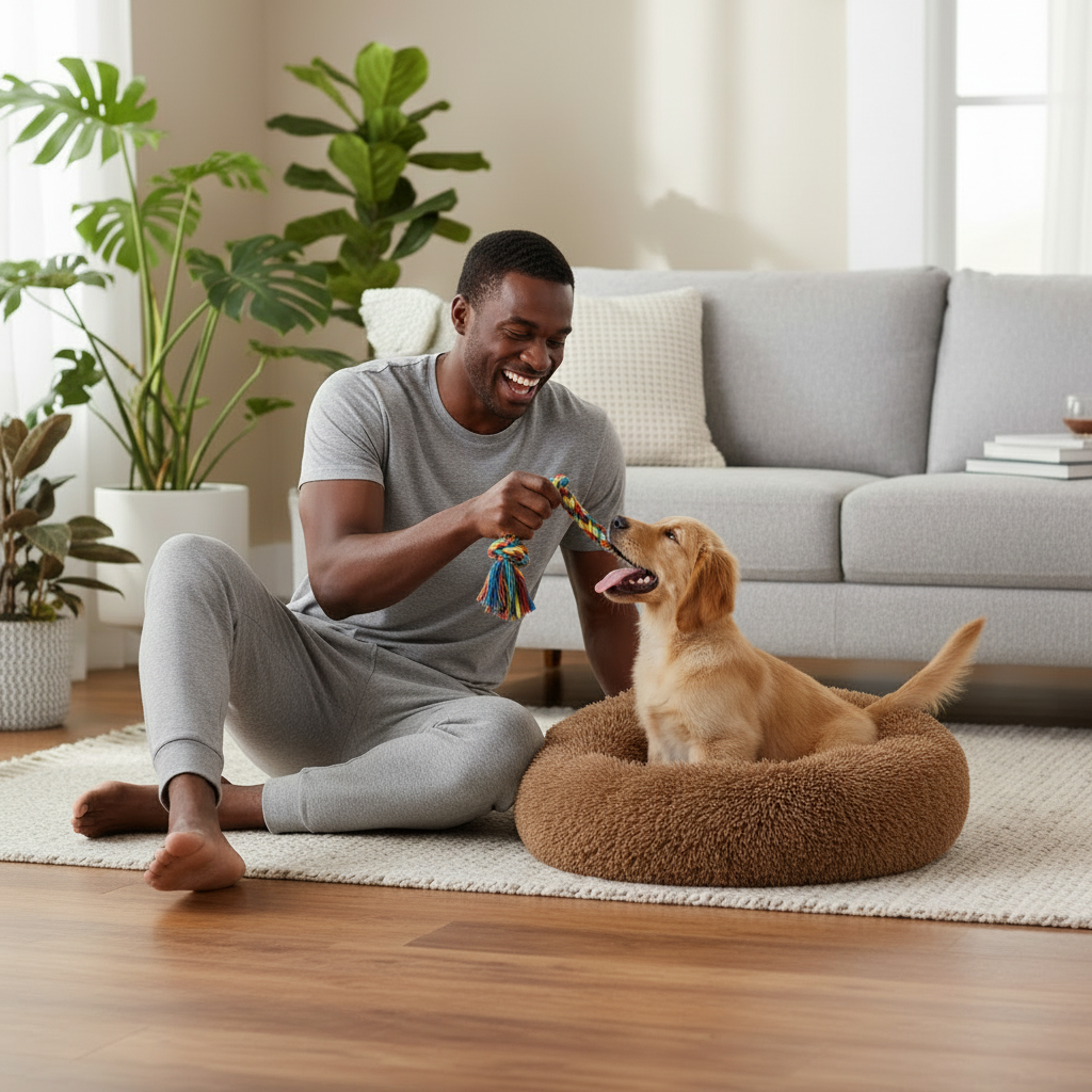 Black Dad with Rope Toy and Dog in Caramel Bed