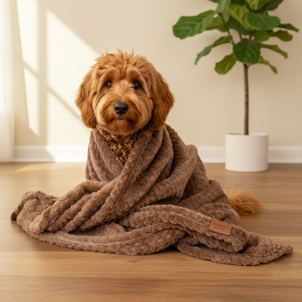 Caramel golden doodle with exact mocha blanket and fiddle leaf fig