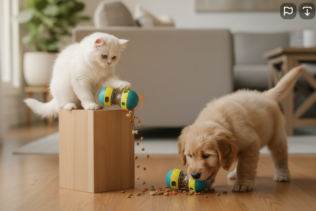 Cat spilling treats from teal yellow toy while puppy eats from floor