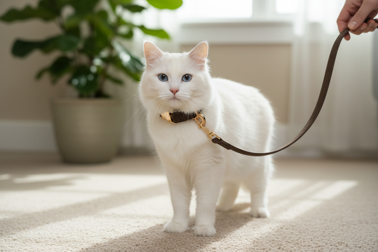 Cat Wearing Chocolate Brown Collar and Leash with Pet Parent