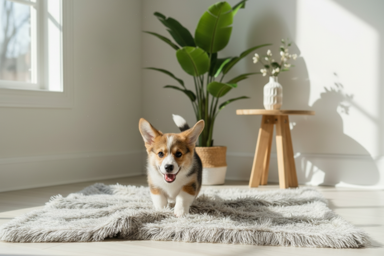 Corgi Playing on Grey Shaggy Blanket