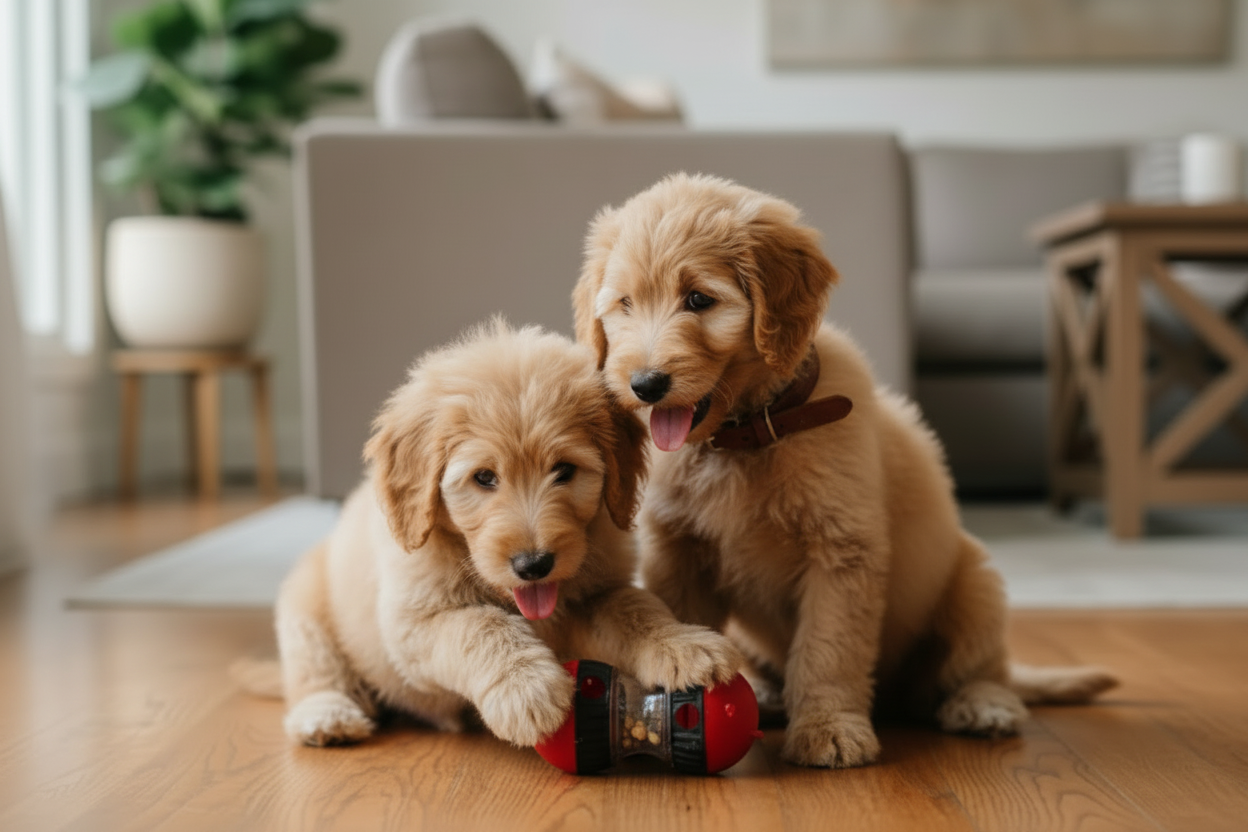 Curious golden doodle nosing toy