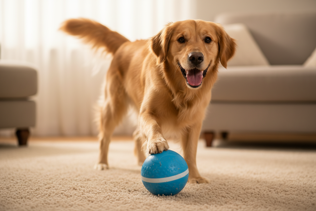 Dog Action Shot with Blue Interactive Ball