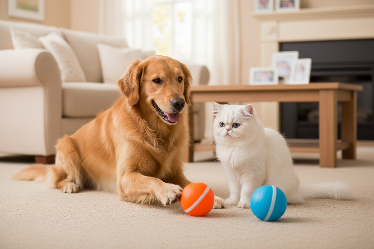 Dog and Cat Playing with Blue and Orange Interactive Balls