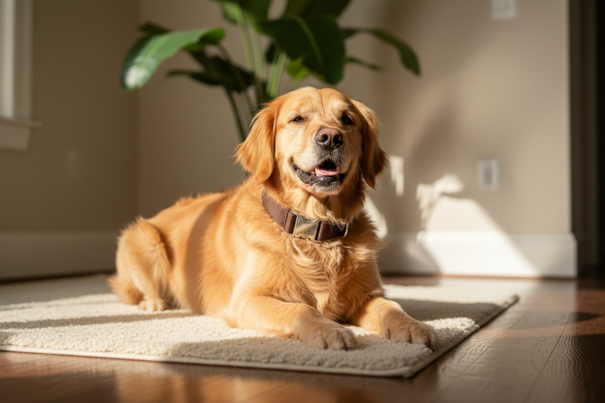 Dog with Dark Brown Fabric Collar - Cozy Rug Setting