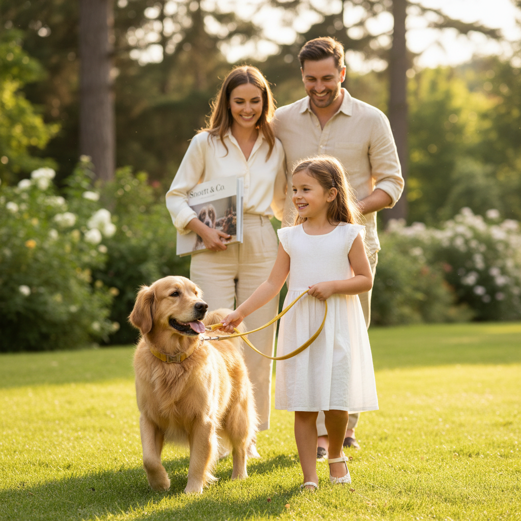Family in park with daughter walking golden retriever in mustard collar and mom carrying Snoutt Co book