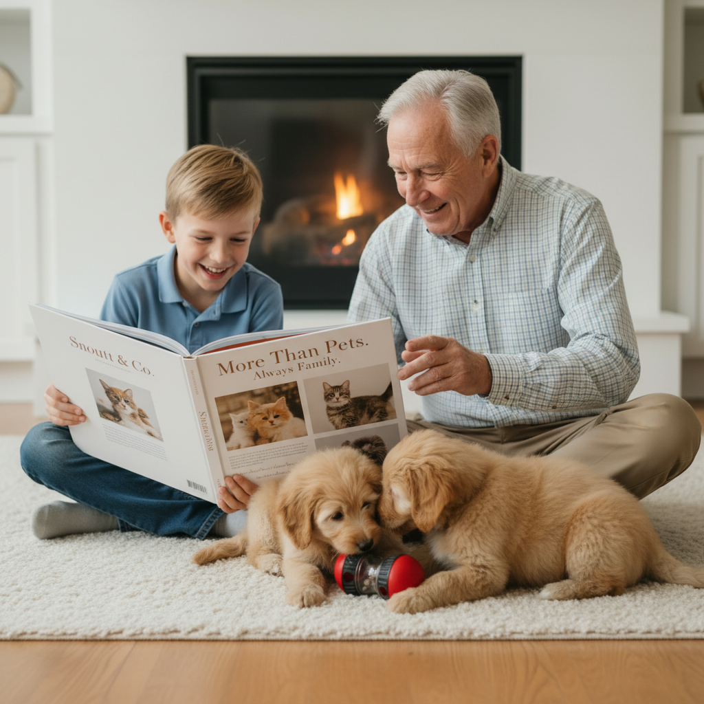 Grandfather and grandson with Snoutt Co book and two golden doodle puppies by fireplace