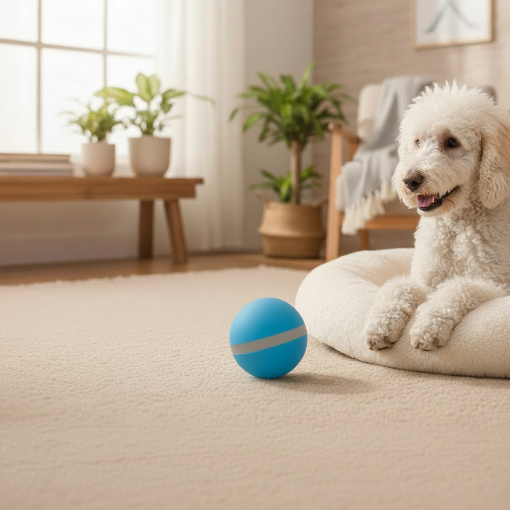 Poodle Lifestyle Scene with Smart Pet Toy Ball