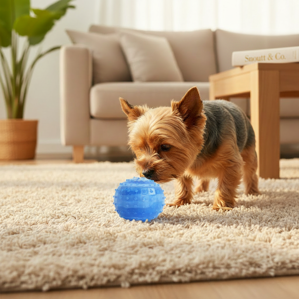 Yorkie with Blue Textured Pet Toy Ball and Snoutt & Co Book