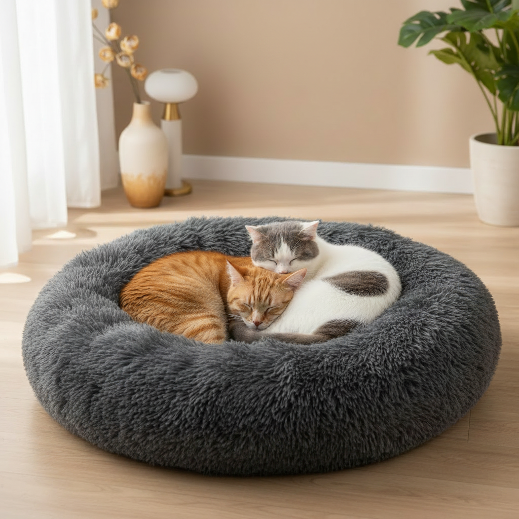 Orange tabby and white grey cat snuggling in dark grey fluffy donut pet bed, bright minimalist interior