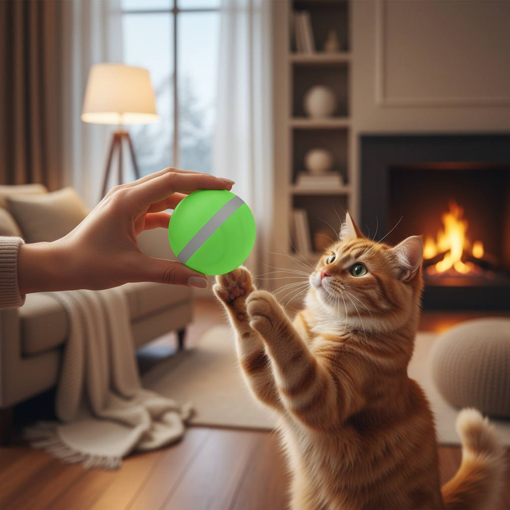 Hand Holding Green Smart Pet Toy Ball with Curious Cat