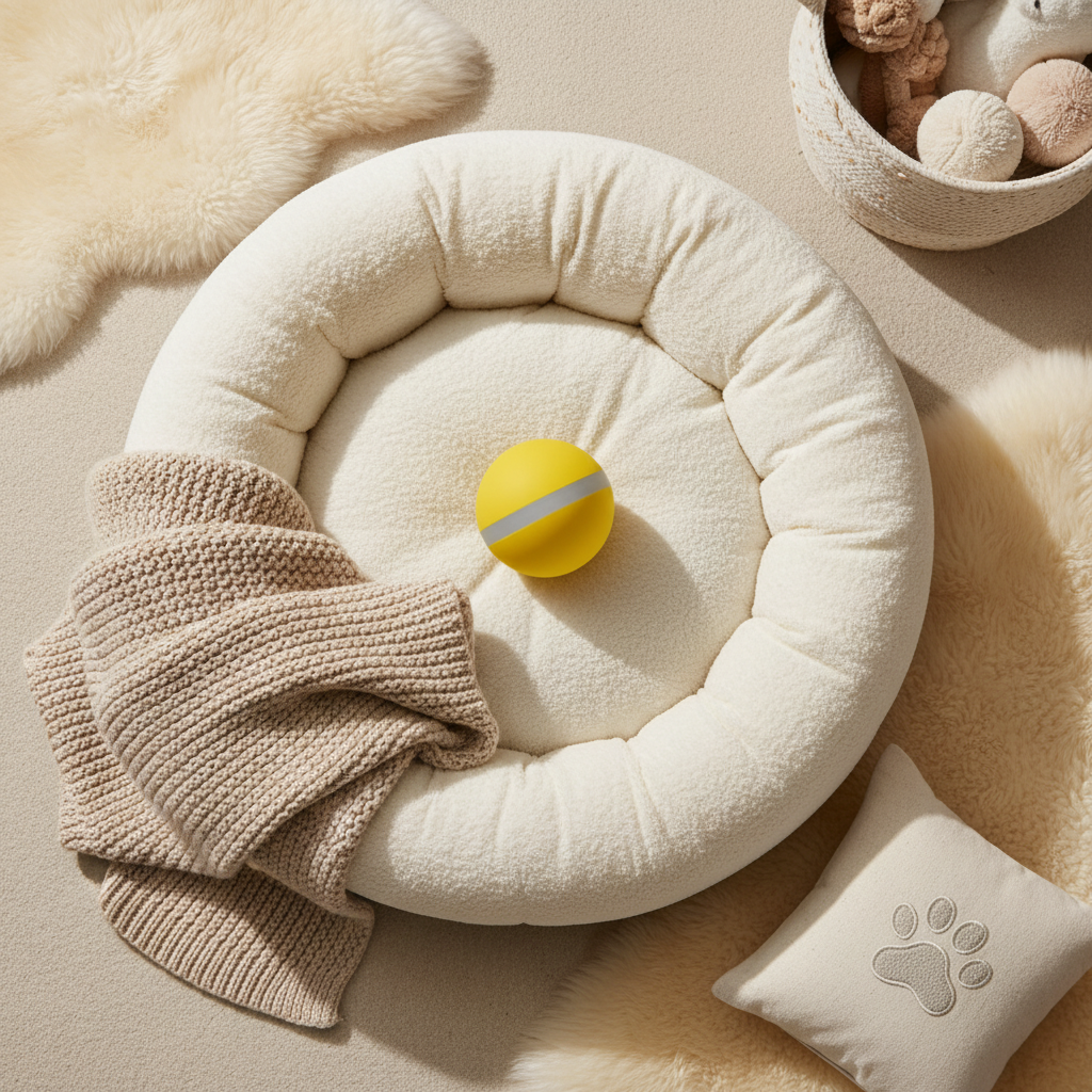 Smart Pet Toy Ball Cozy Flat Lay with Blanket and Paw Print Pillow