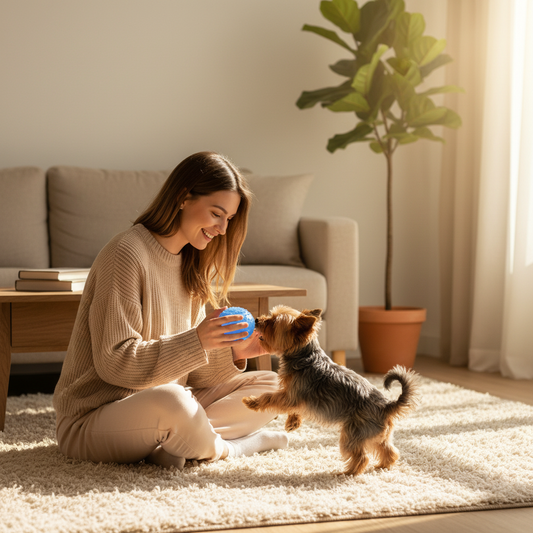 Woman and Yorkie Playing with Blue Textured Pet Toy Ball