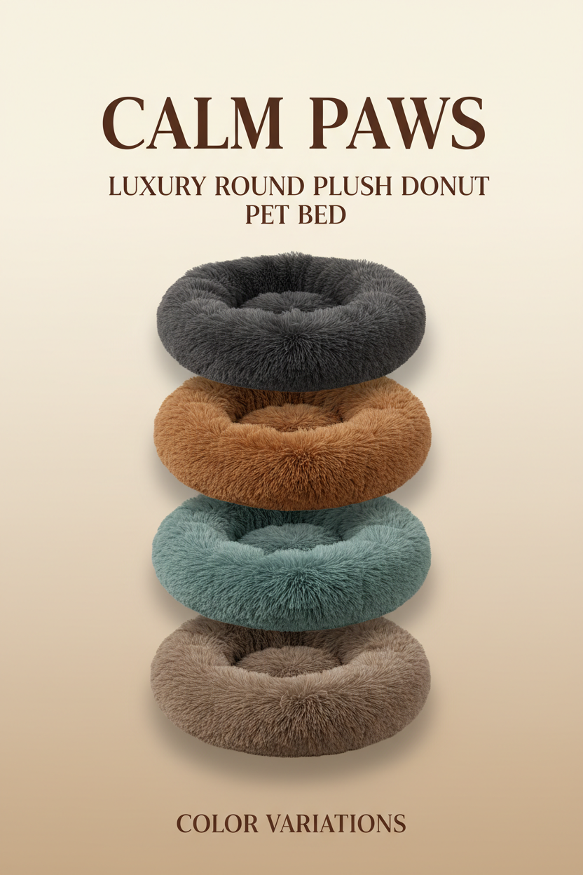 Calm Paws Luxury Round Plush Donut Pet Bed - color variations product card showing charcoal, caramel, teal and taupe beds