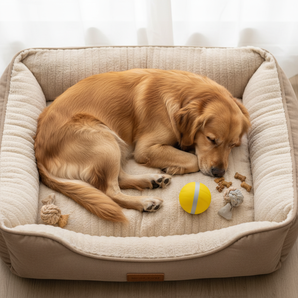 Smart Pet Toy Ball on Pet Bed with Sleepy Dog