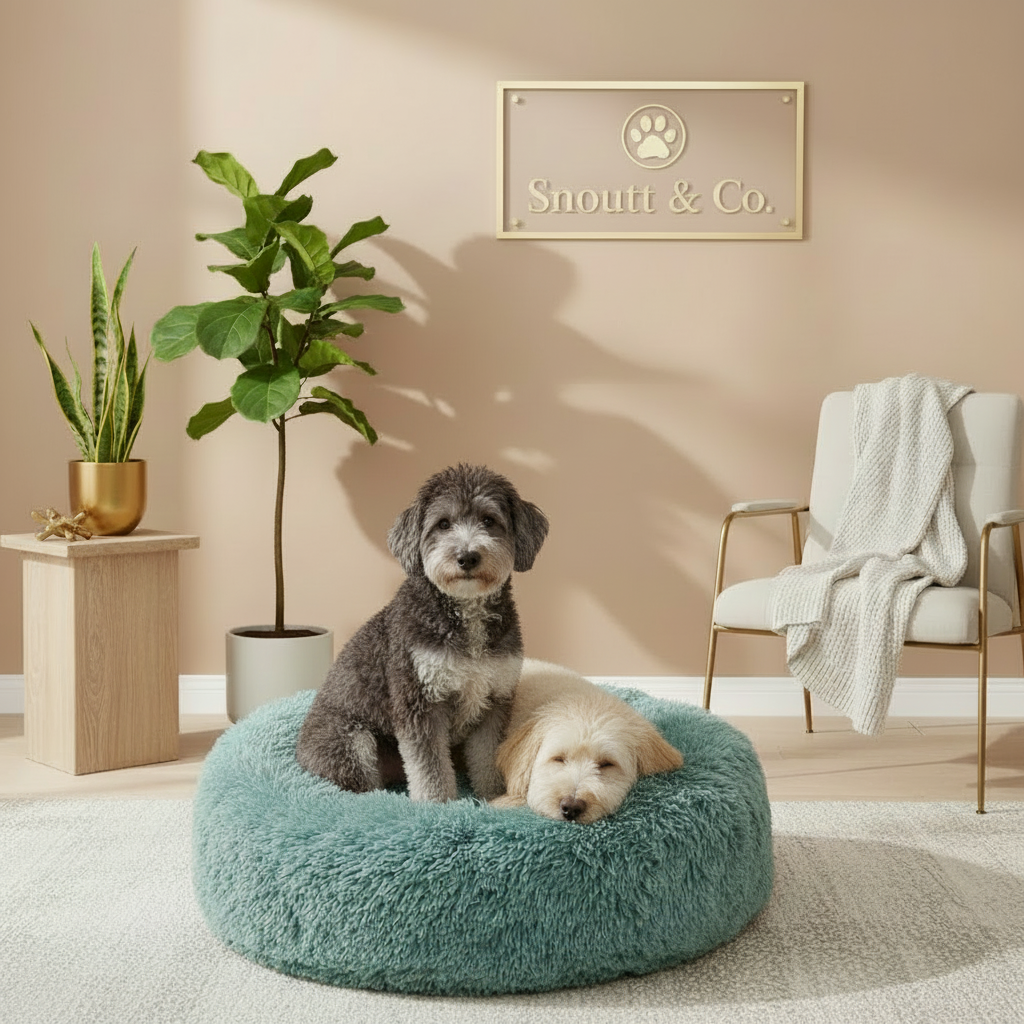 Two dogs snuggling in teal fluffy donut pet bed with Snoutt & Co branding