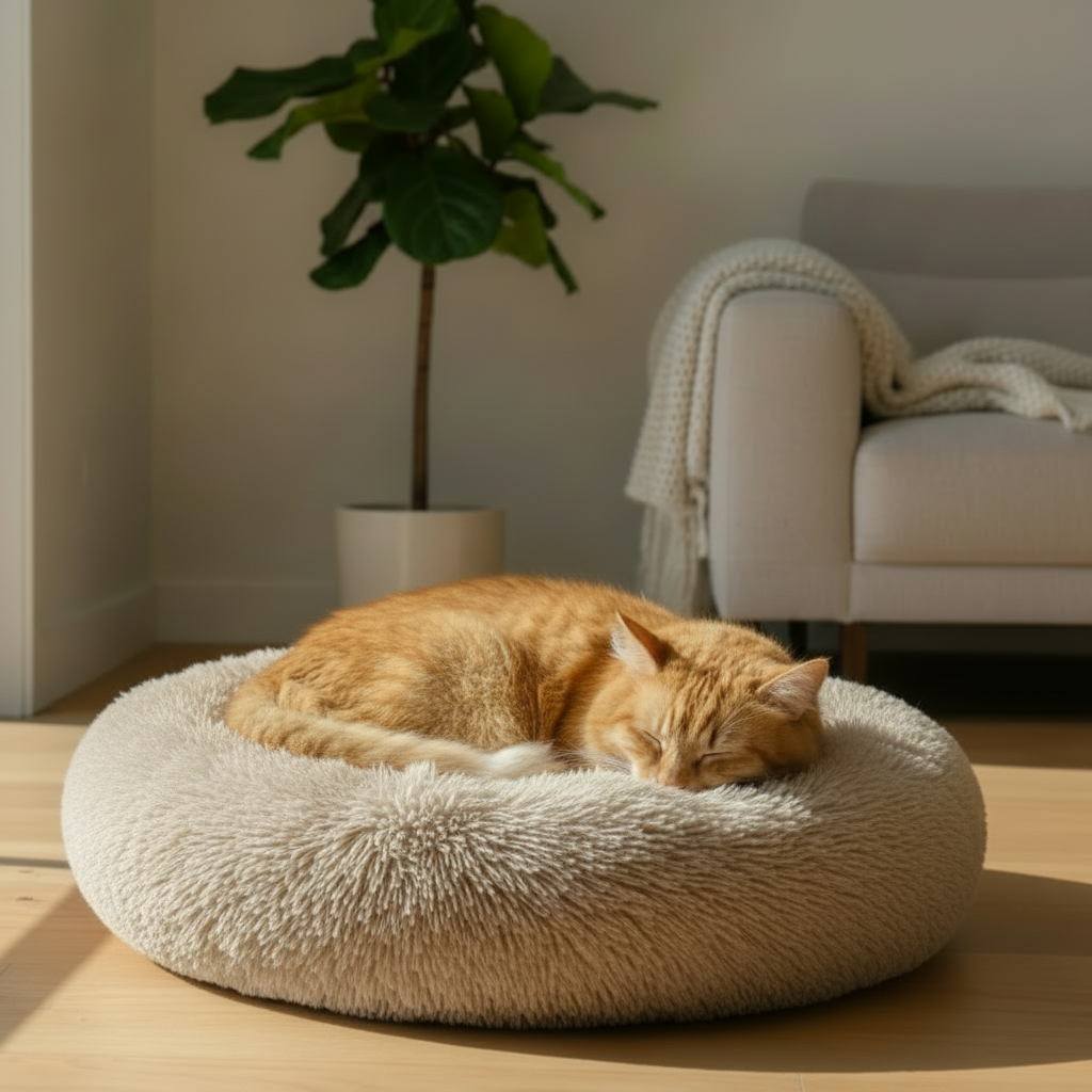 Orange tabby cat sleeping in XL taupe long-shag donut pet bed in warm lifestyle living room setting