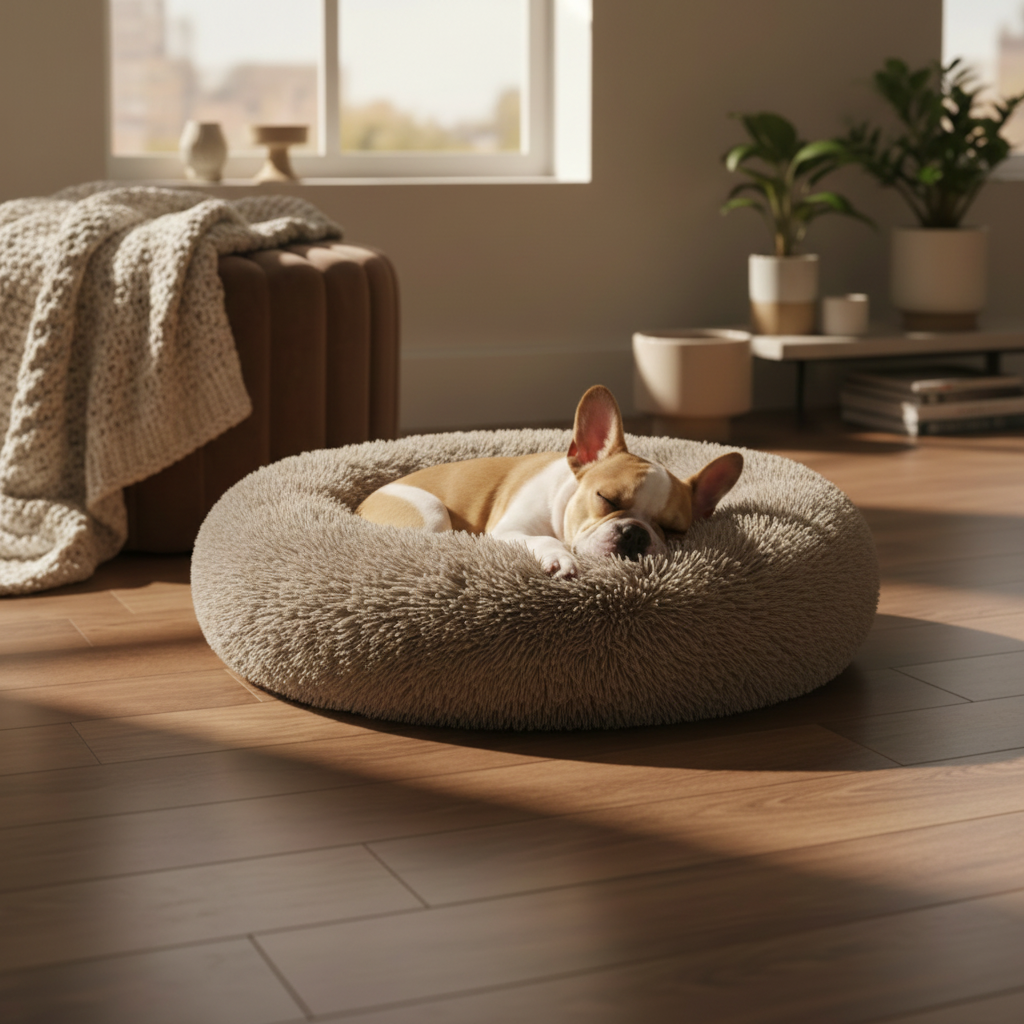 French Bulldog sleeping in taupe shaggy donut pet bed in warm cozy lifestyle living room