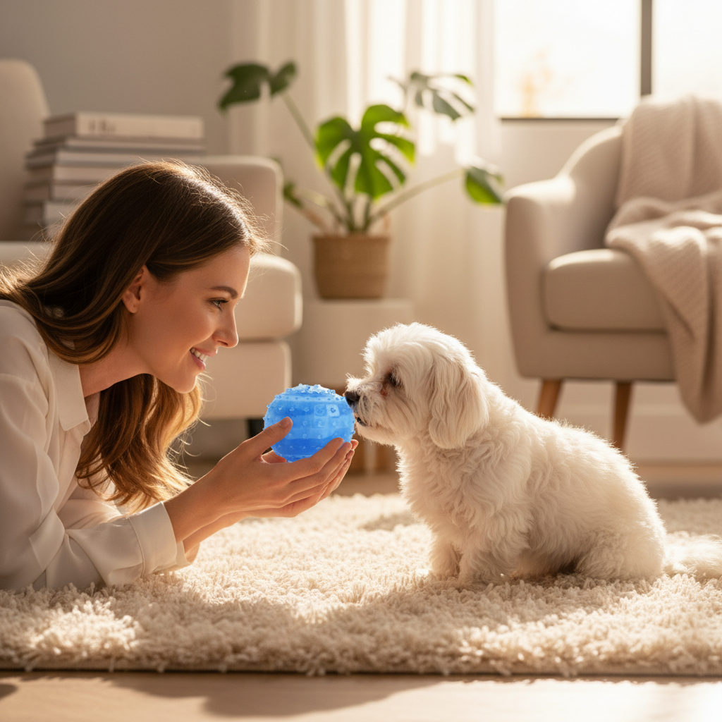 Woman and Dog Face to Face with Blue Textured Pet Toy Ball