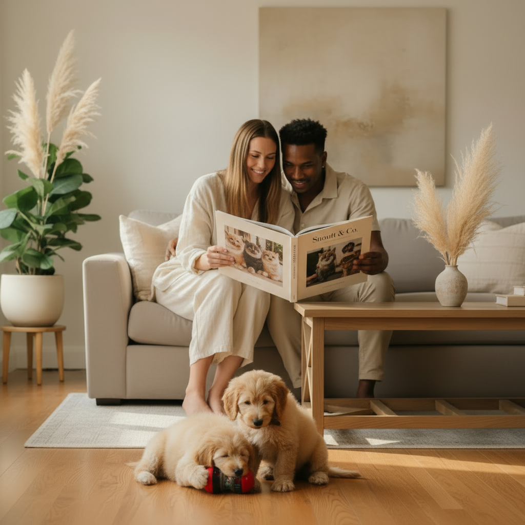 Interracial couple on sofa holding open Snoutt Co book looking at pet photos with puppies on floor