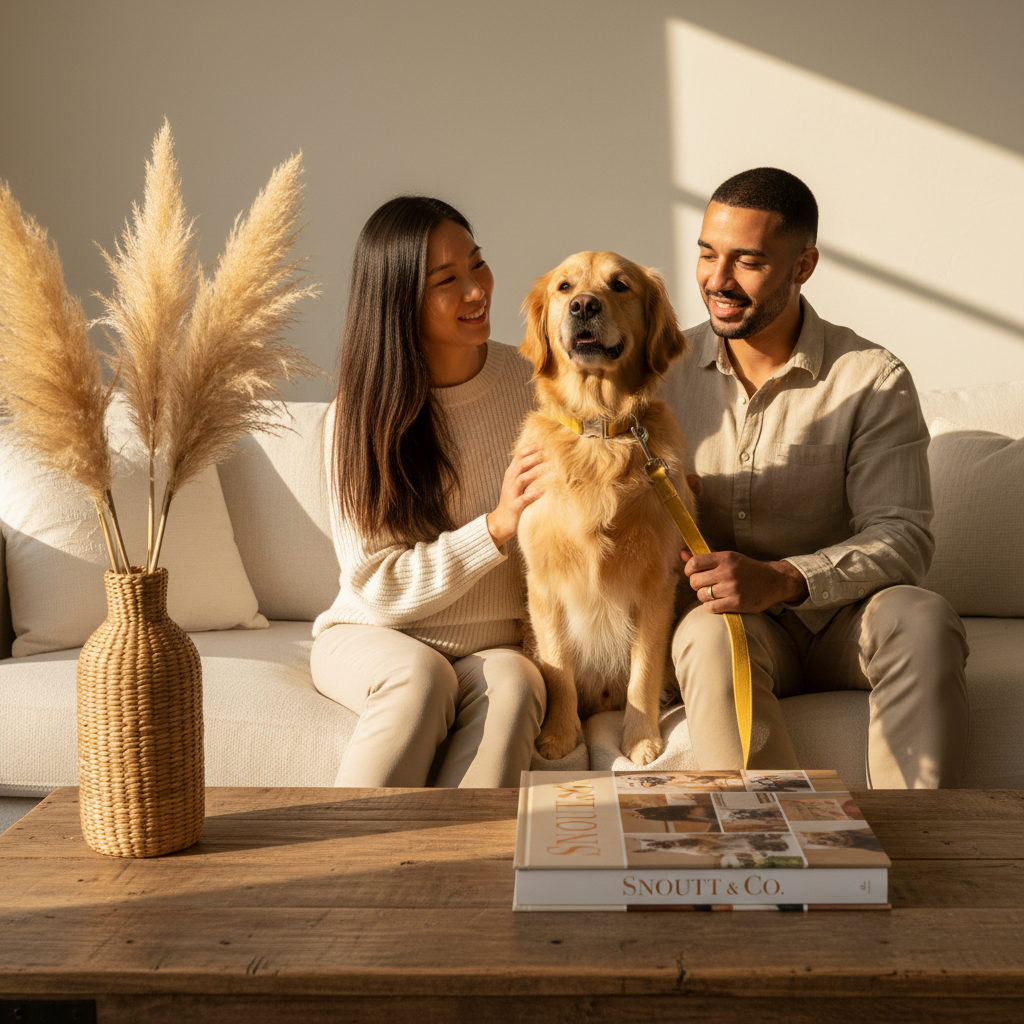 Interracial couple on sofa with golden retriever in mustard collar and Snoutt Co book