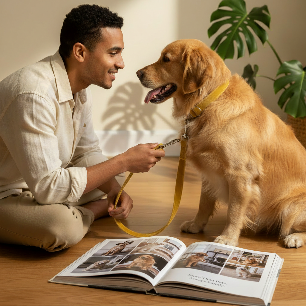 Man laughing as excited golden retriever jumps up on him wearing mustard yellow collar with Snoutt Co book on floor