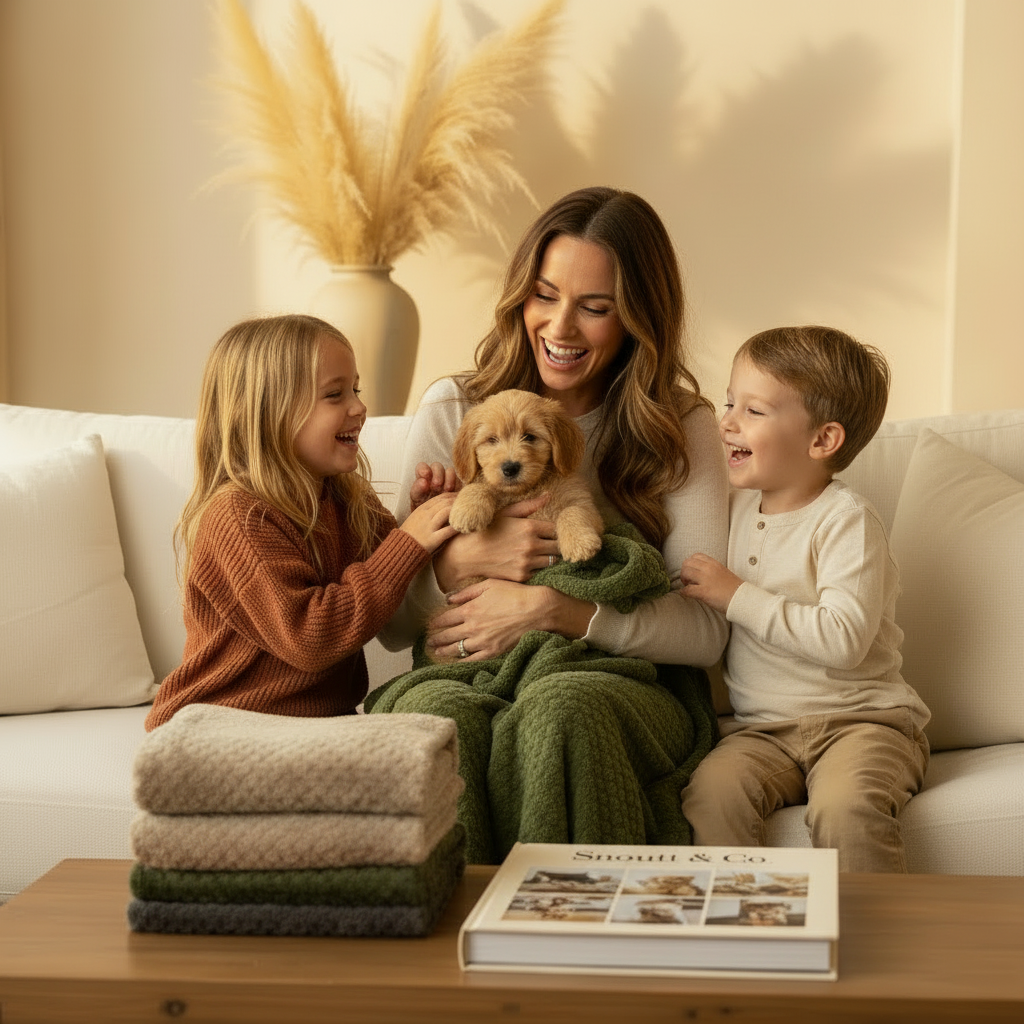 Mother and two kids with puppy in green blanket on sofa