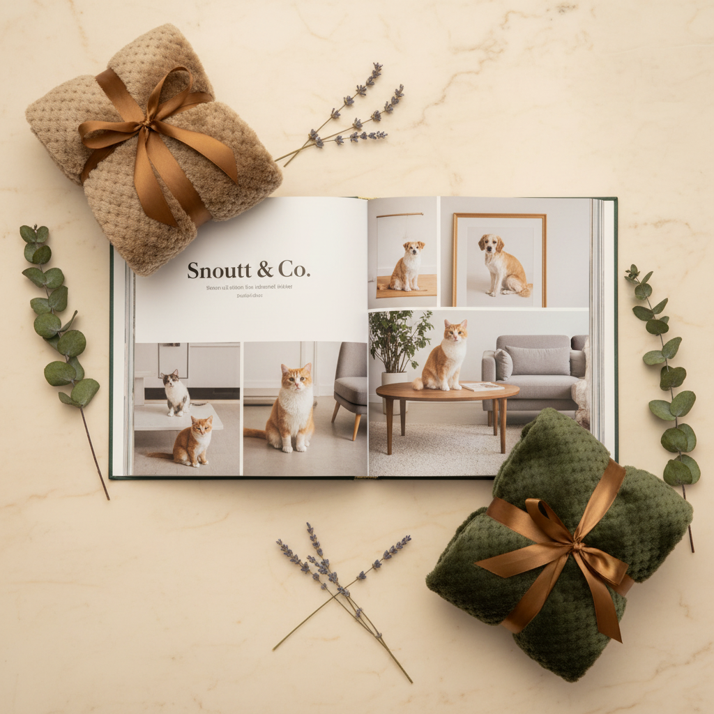 Overhead flat lay of Snoutt Co book and blankets on marble