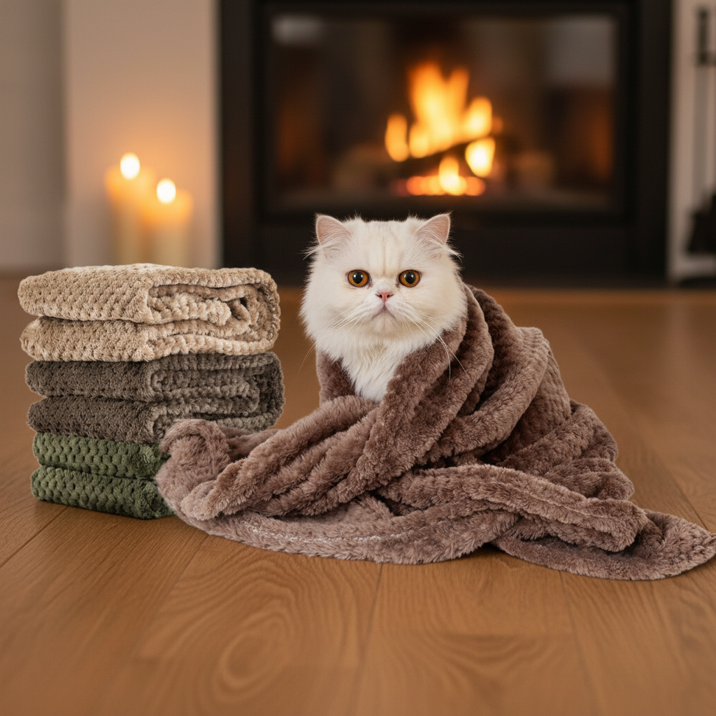 Persian cat with blankets by fireplace