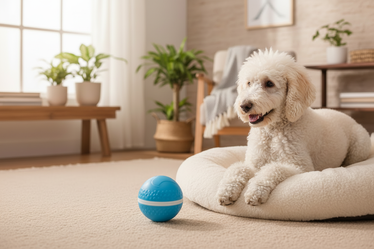 Poodle Lifestyle Scene with Blue Interactive Ball