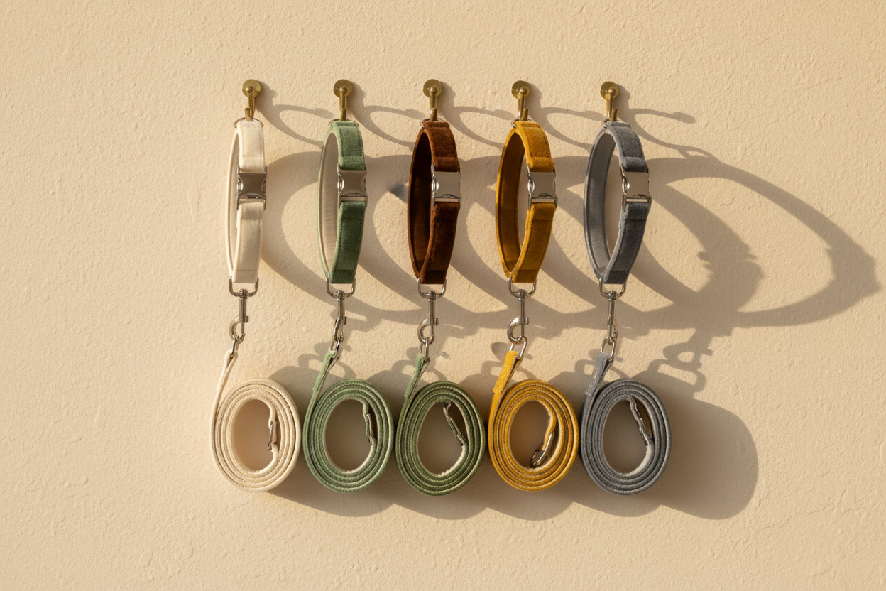 Six collar leash sets hanging on brass hooks on cream wall