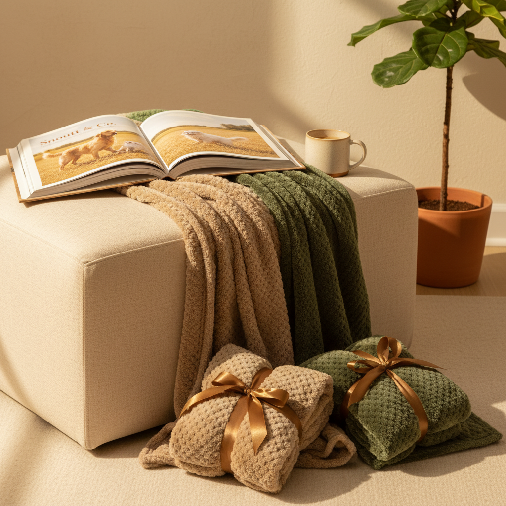 Snoutt Co book open on ottoman with draped blankets and coffee mug